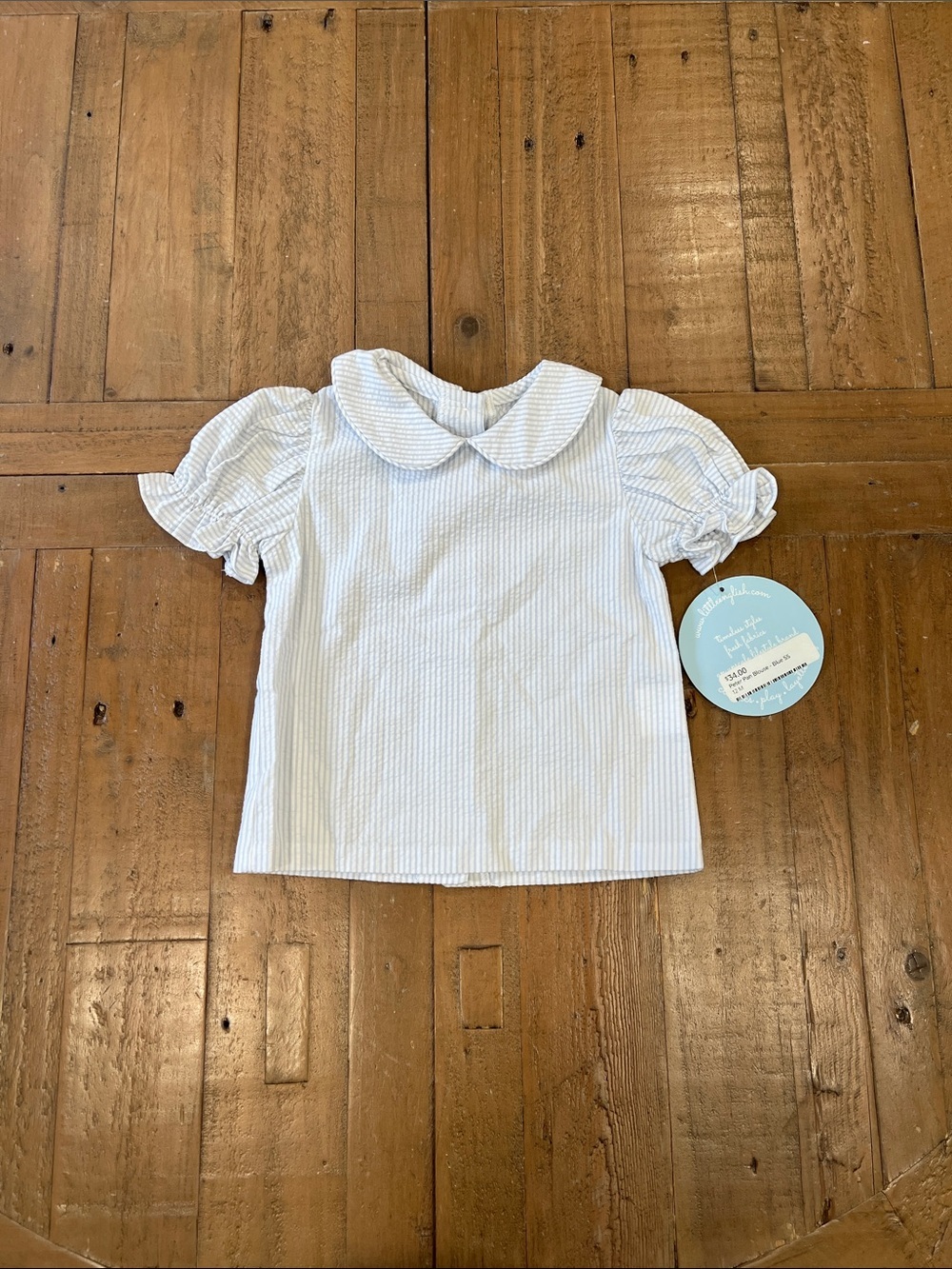Little English blue seersucker stripe Peter Pan collar short sleeve blouse 12m